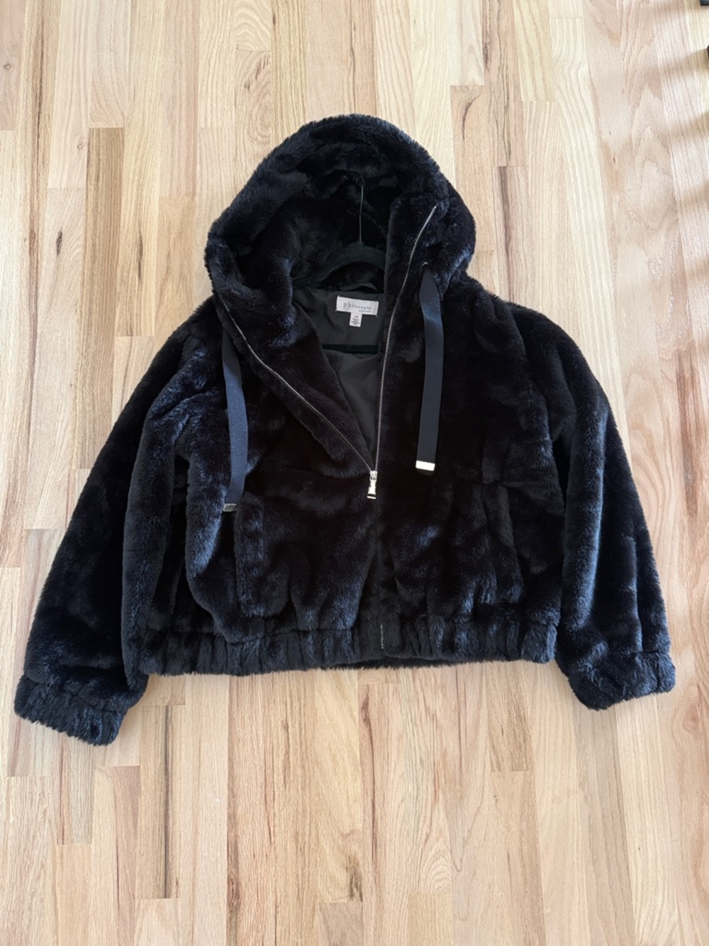 Philosophy Black Faux Fur Zip-Front Hooded Coat